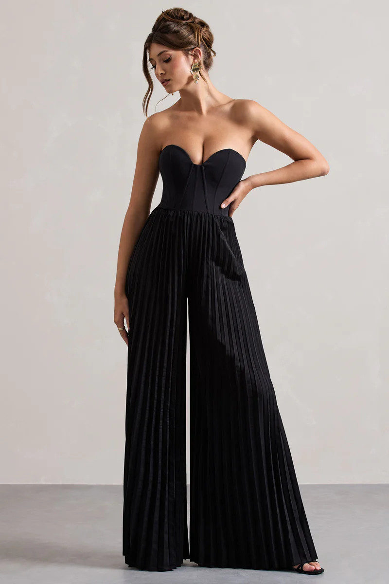 Lorelai  Black Corset Plisse Wide-Leg Jumpsuit | Club L London