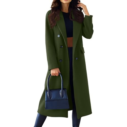 Pea Coats For Women Classic Notch Lapel Double Breasted Trench Coat Warm Open Front Long Sleeve Overcoat Wool Blend Long Jacket Outerwear Chic Winter Coats With Pockets(A-Army Green,2XL) | Amazon (US)