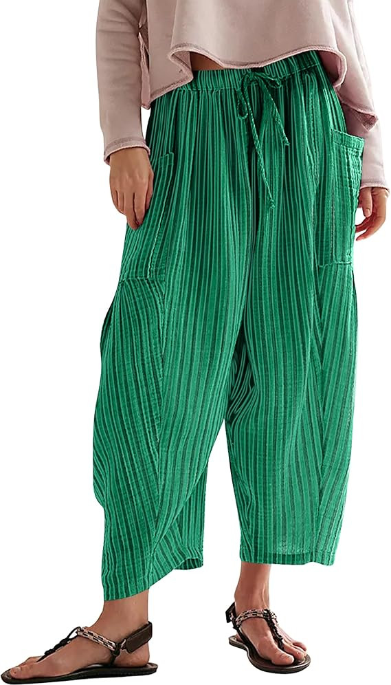 MISSACTIVER Women Summer Striped Harem Pants Flowy Baggy Casual Wide Leg Trousers Drawstring Boho... | Amazon (US)
