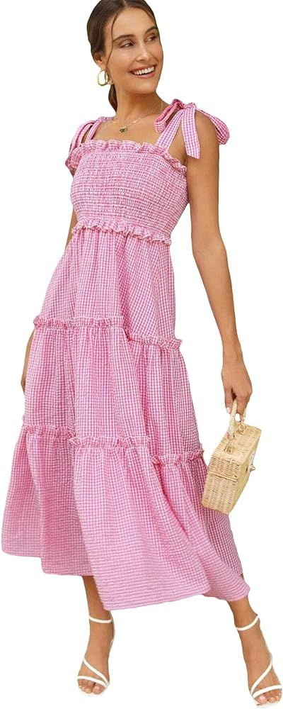 Floerns Women's Floral Print Tie Strap Ruffle Boho Maxi Dress, Amazon Summer Dress Outfit | Amazon (US)