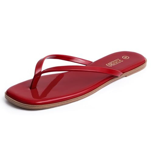 Rihero Women’s Red Flip Flops Comfortable Leather Summer Thong Sandals Slip On Walking Slide Sandals | Amazon (US)