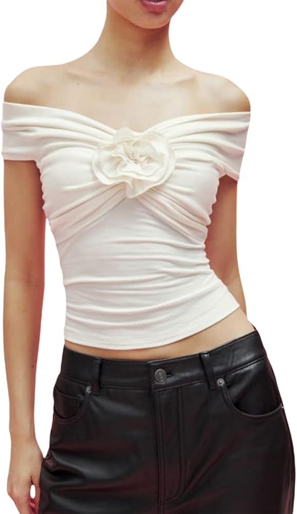 Women's Y2k 3D Flower Tank Top Off Shoulder Skinny Sleeveless Slim Ruched Crop Tee Shirts Streetw... | Amazon (US)