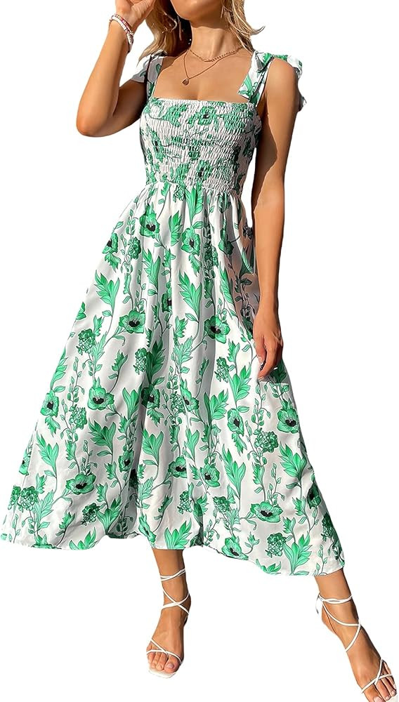 Floerns Women's Summer Boho Floral Print Tie Strap A Line Long Maxi Dress | Amazon (US)