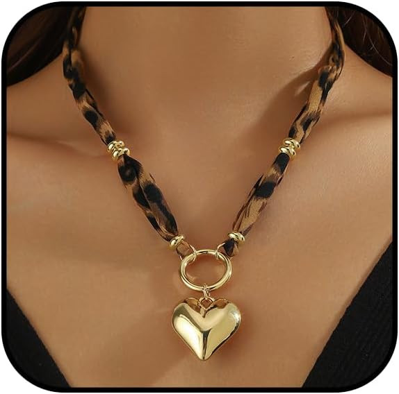 Scarf Necklace with Charm Gold Chunky Heart Starfish Pendant Necklace Boho Satin Fabric Leopard C... | Amazon (US)
