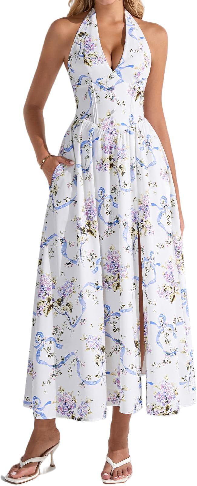 XinFSh Women's Summer Floral Halter Corset Wedding Guest Maxi Dress Flowy A Line Long Tea Party D... | Amazon (US)