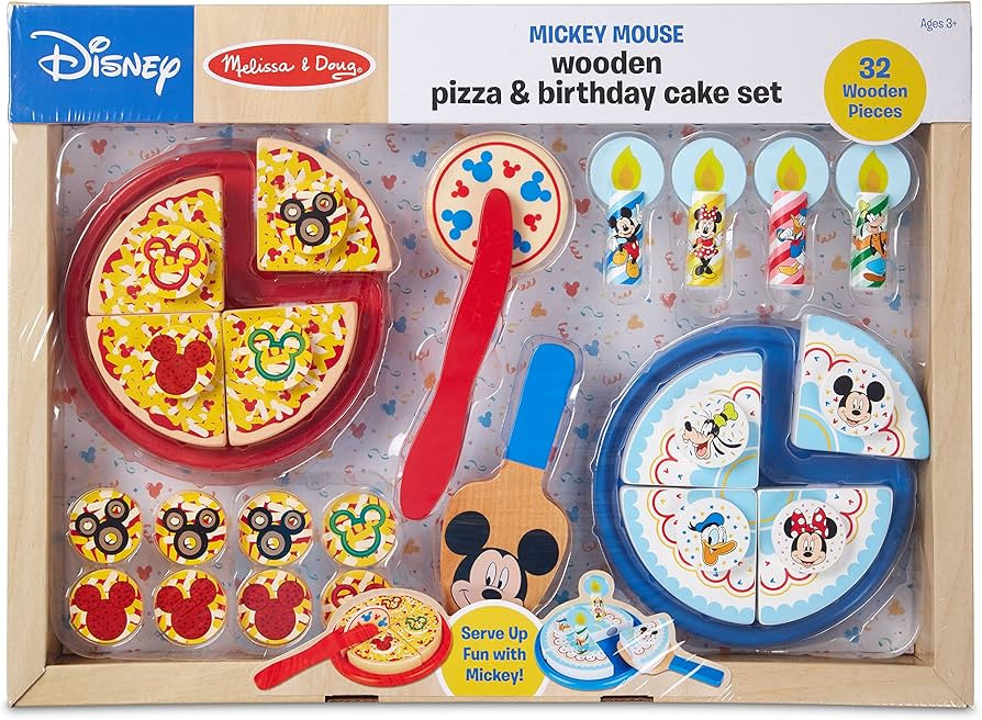 Melissa & Doug Mickey Mouse Wooden Pizza and Birthday Cake Set (32 pcs) - Play Food | Amazon (US)