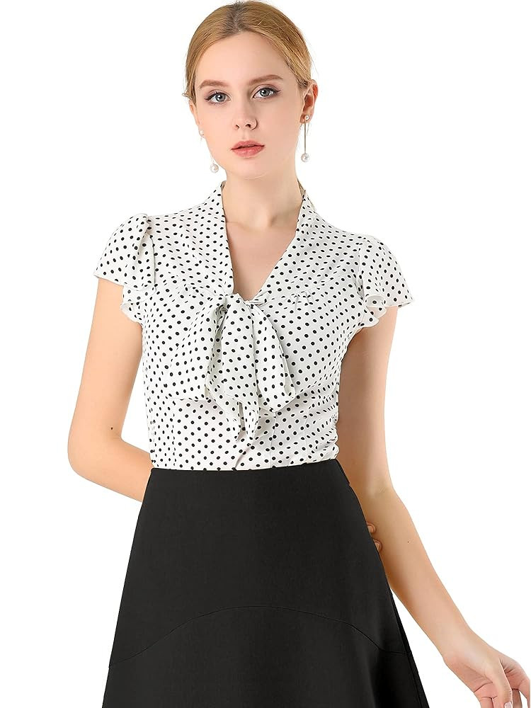 Allegra K Women's Polka Dots Tie Neck Blouse Summer Ruffled Cap Sleeve Office Top | Amazon (US)