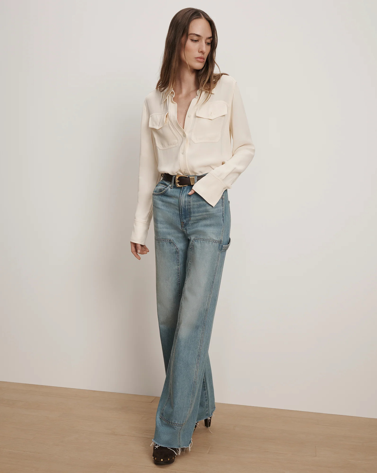 Veronica Beard Taylor Wide-Leg Jean with Chaps Blue Glare | Veronica Beard