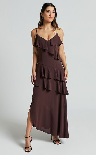 Emily Midi Dress - Strappy Asymmetric Ruffle Dress in Chocolate | Showpo (US, UK & Europe)