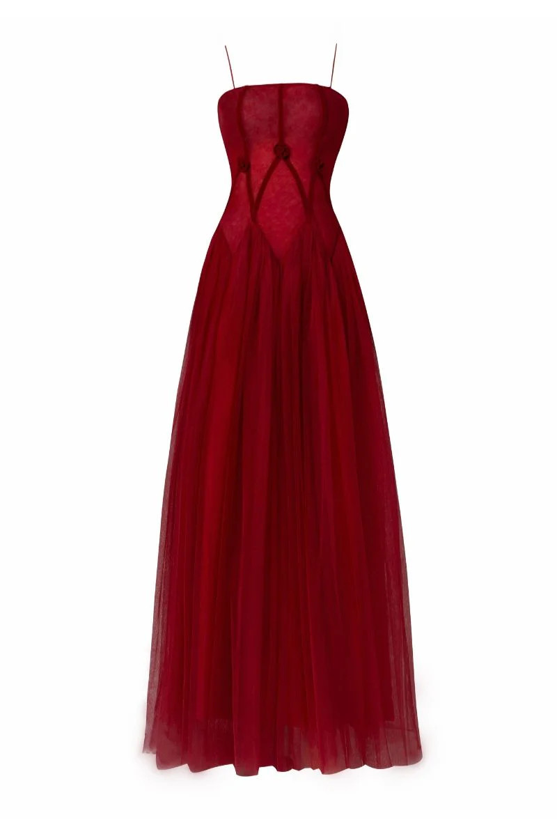 GEMINI RED DROP WAIST MESH MAXI DRESS | HAPPY CLOTHING | CULT MIA | CULT MIA UK LTD