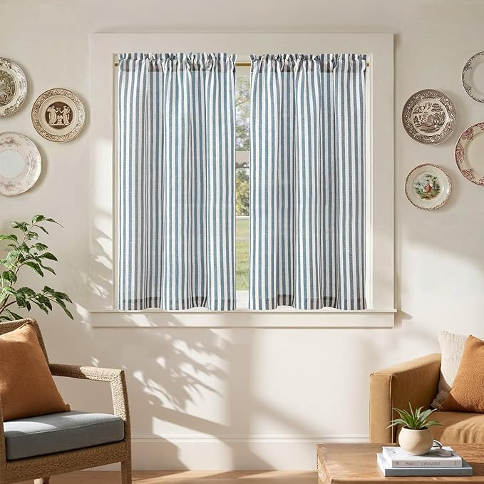 jinchan Striped Linen Kitchen Curtains 45 Inches Length Tier Curtains Farmhouse Modern Cafe Style... | Amazon (US)