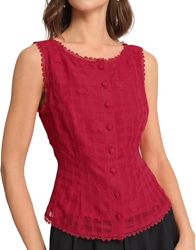 RIHOAS Women's Brown Plaid Sleeveless Button Down Blouse - Lace Trim Fitted Waist Business Casual... | Amazon (US)