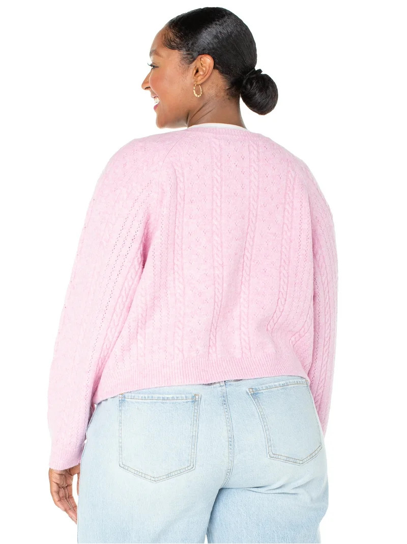 Celebrity Pink Women's and Women's Plus Cable Knit Crew Neck Cardigan, Sizes XS-4X | Walmart (US)