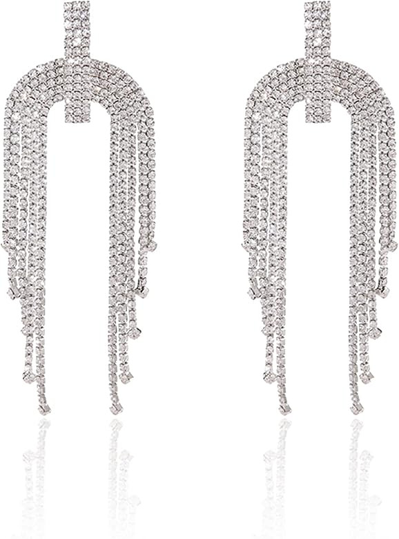 Luxury Women's Long Fringe Sparkling Crystal Drop Earrings Glossy Rhinestone Dangle Earrings Bridal  | Amazon (US)