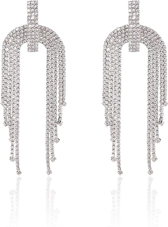 Luxury Women's Long Fringe Sparkling Crystal Drop Earrings Glossy Rhinestone Dangle Earrings Bridal  | Amazon (US)