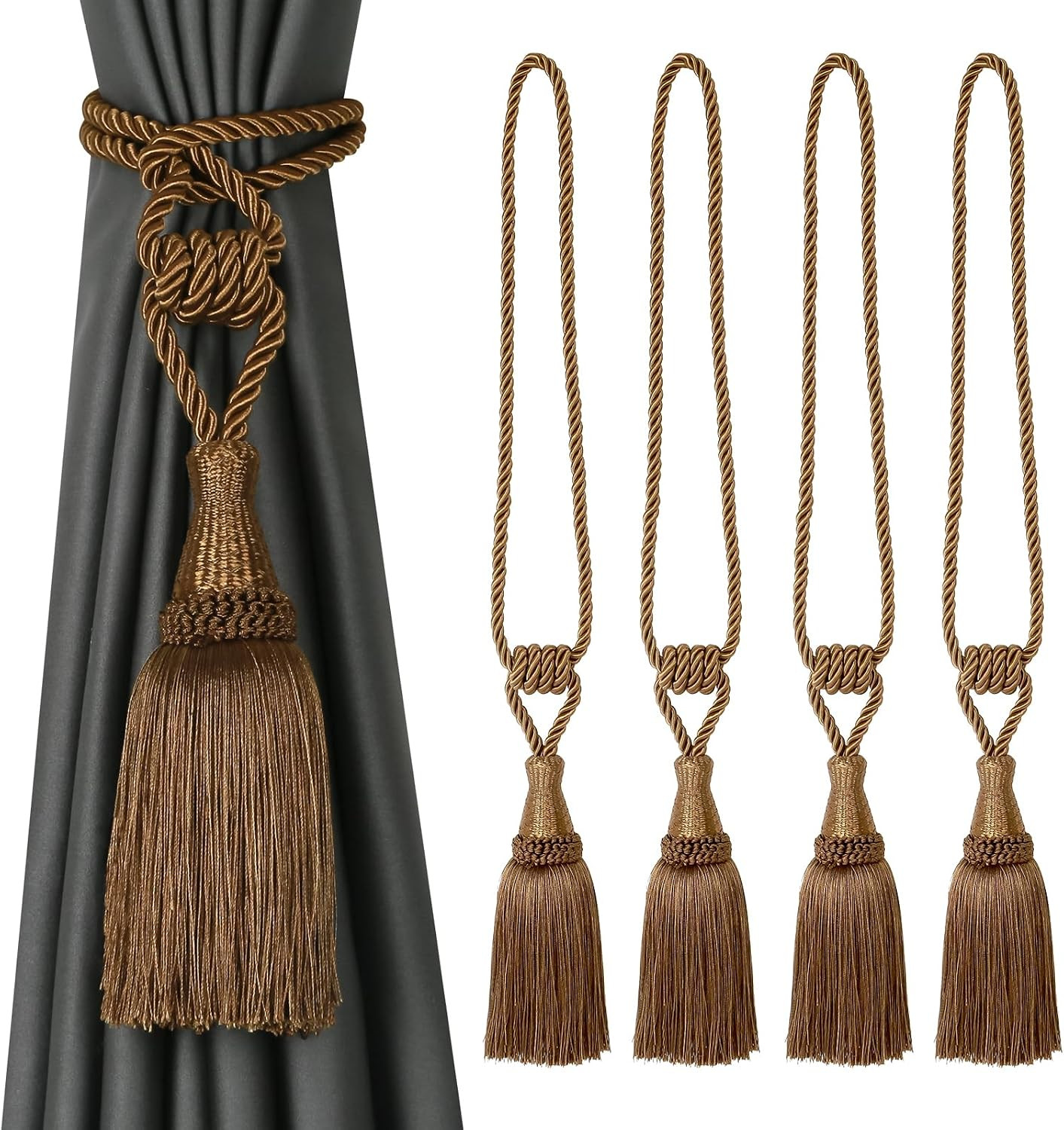 BEL AVENIR 4 Pack Tassel Curtain Tiebacks Handmade Holdbacks (Coffee) | Decorative Tie Backs for ... | Amazon (US)