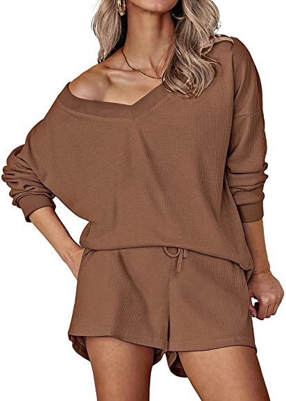 Ekouaer Womens Pajama Set Waffle Knit Lounge Set V Neck Off Shoulder Sleepwear Long Sleeve Top an... | Amazon (US)