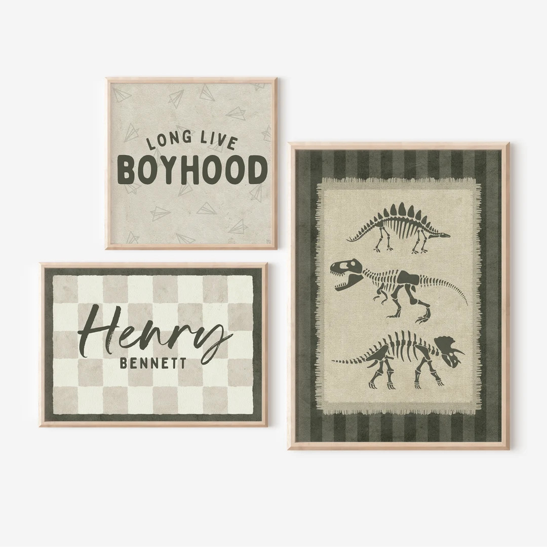 Boys Gallery Wall Art Set of 3 Dinosaur Poster Long Live Boyhood Retro Checkerboard Personalized ... | Etsy (US)