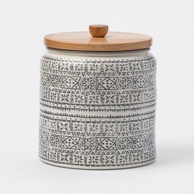 84oz Stoneware Genesis Stripe Food Storage Canister with Wood Lid White/Gray - Threshold&#8482; | Target