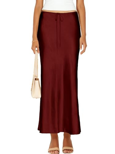 Skrtimory Womens Satin Silk Maxi Skirts Drawstring Flared Casual A-Line Long Skirt for Women | Amazon (US)