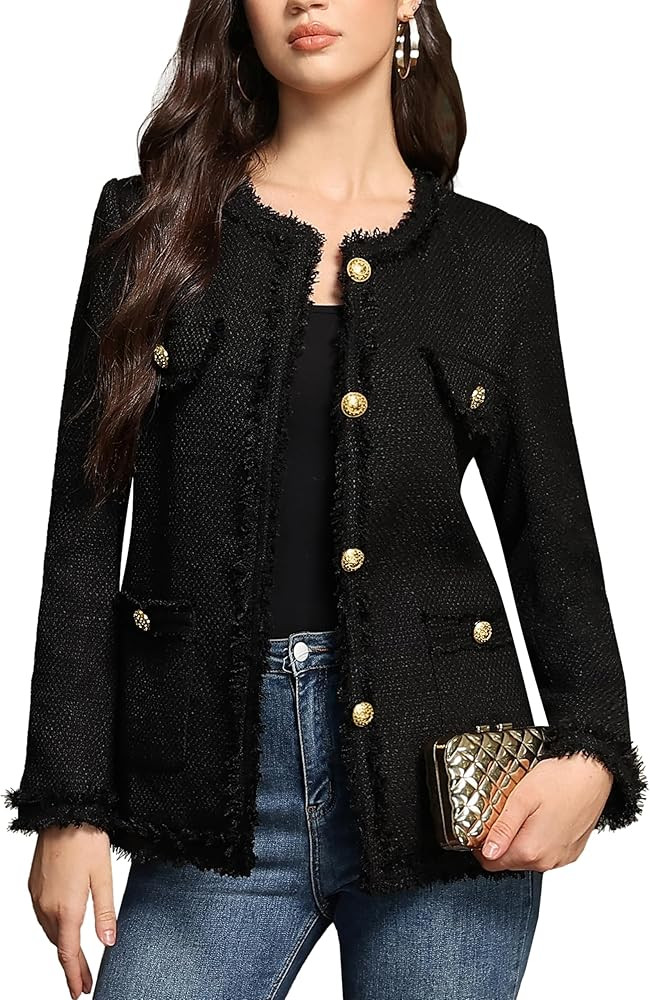 M.Infisavo Women’s Tweed Blazer Jackets with Pockets, Long Sleeve Open Front Crewneck Collarles... | Amazon (US)