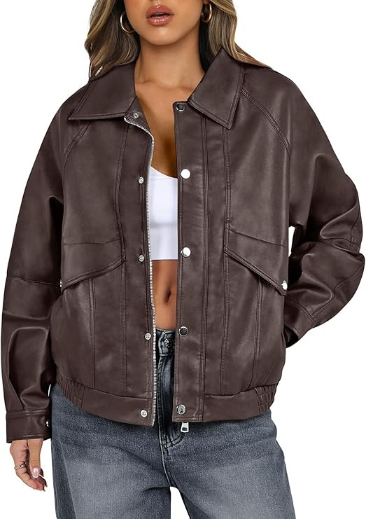 ANRABESS Women Faux Leather Jacket Long Sleeve Button Down Zip Up Motorcycle Biker Coat Fall Outf... | Amazon (US)