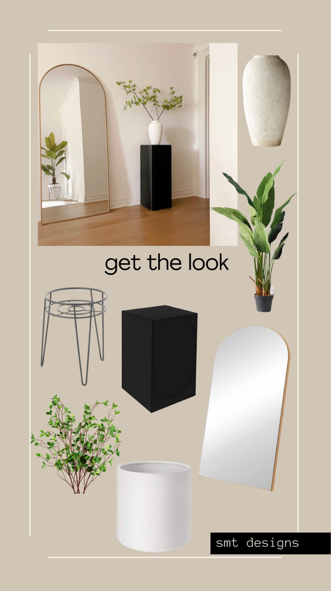 A simple home entrance design with a tall black art display pedestal holding a simple white vase and long faux maple stems and a gold arched floor mirror

#LTKFind #LTKhome #LTKunder100