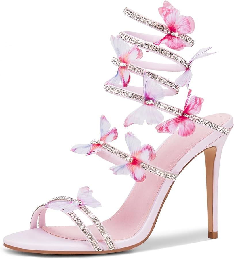 Women's Butterfly Rhinestone Fine Heel Sandals Open Toe spiral heels Wedding Prom Dresses Sandals | Amazon (US)