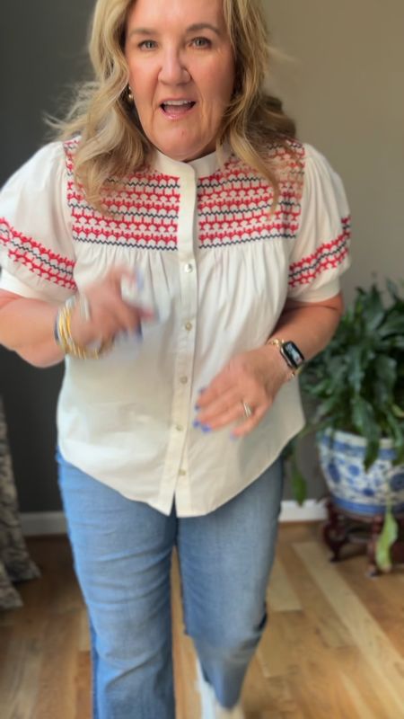 The cutest blouse!!! Wearing an XL. It will sell out. 
15% off code NANETTE15

Jeans are so good. I cut about 1 1/2 inches off. Size 12. 25% off code MAY25

Summer outfits summer style 4th of July 

#LTKMidsize #LTKSeasonal #LTKOver40