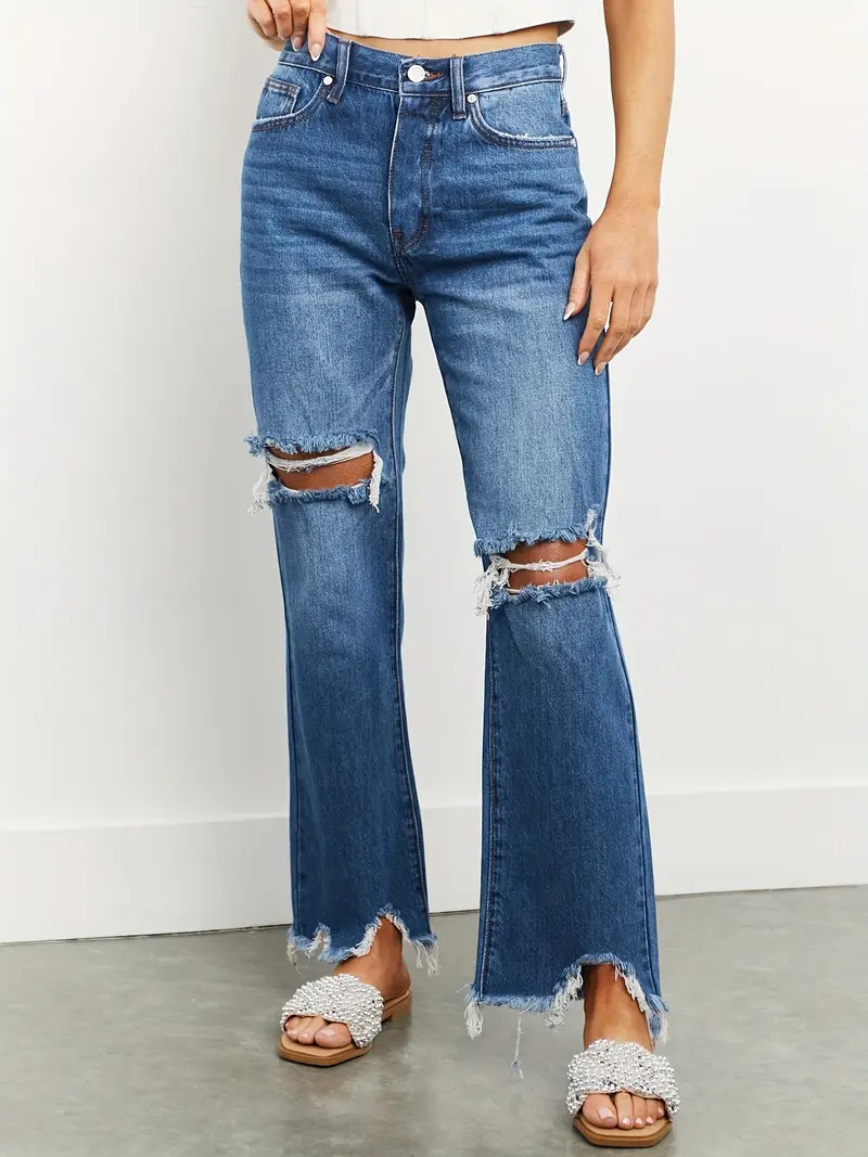 Women's Ripped Irregular Raw Hem Distressed Flare Leg Jeans - Medium Stretch Casual Bell Bottom D... | Temu Affiliate Program