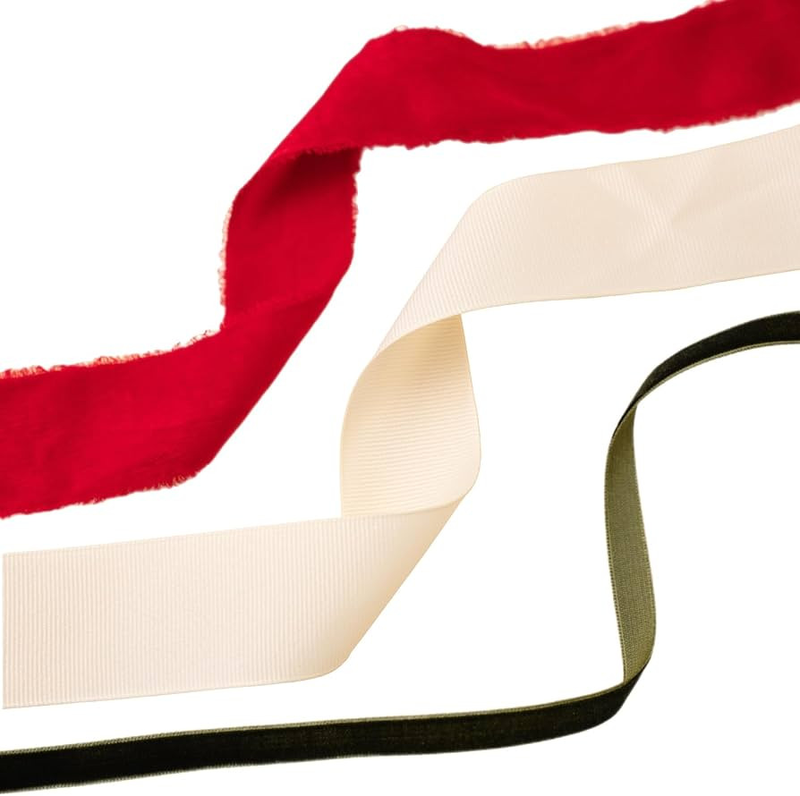 Christmas Gift Wrapping Ribbon Set, 3 Rolls, 60 Yards Total, Red Frayed Velvet, Cream Grosgrain &... | Amazon (US)