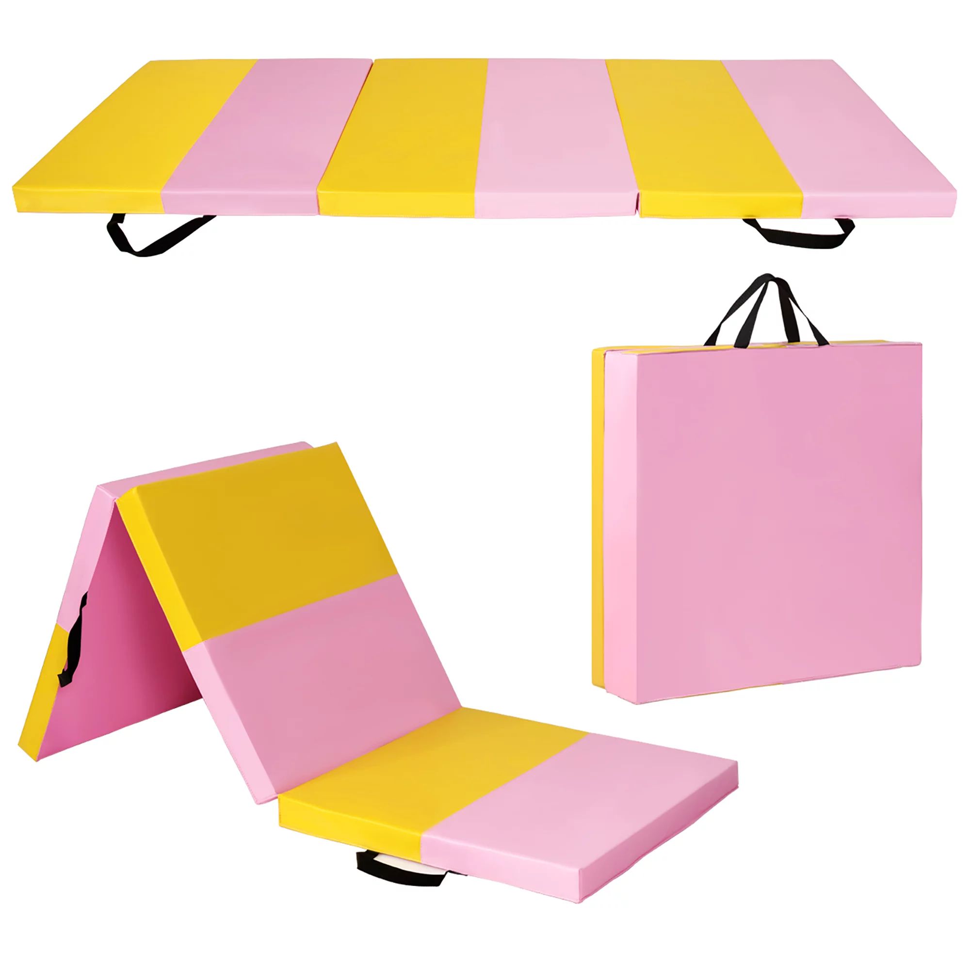 Costway Pink&Yellow Tri-Fold Gymnastics Mat 6'x2' Folding Fitness Exercise Carry Handles | Walmart (US)