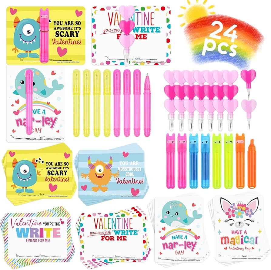 Valentines Day Cards for Kids - 24 Pieces Stackable Pencils Highlighters and mini Ballpoint Pens ... | Amazon (US)