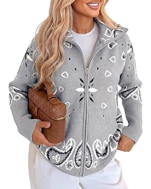 Cicy Bell Women Zip Up Cardigan Sweater Stand Collar Knit Printed Sweater | Amazon (US)