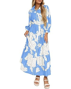 Wenrine Womens Maxi Shirt Dress Casual Floral Collared 3/4 Long Sleeve Drawstring Waist Fall Butt... | Amazon (US)