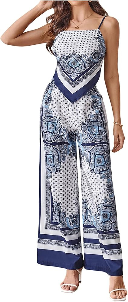 Amazon.com: MakeMeChic Women's 2 Piece Boho Outfit Paisley Print Tie Backless Crop Tops and Wide Leg Pants Matching Set Blue Medium : Clothing, Shoes & Jewelry | Amazon (US)