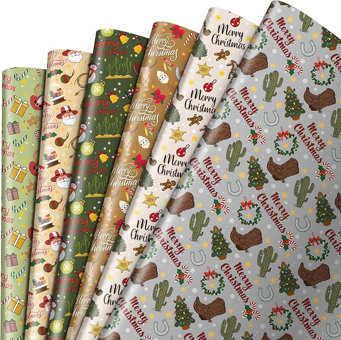 Watersay 12 Pcs Western Christmas Wrapping Paper Cute Cowboy Cowgirl Gift Wrap Funny Christmas Wr... | Amazon (US)
