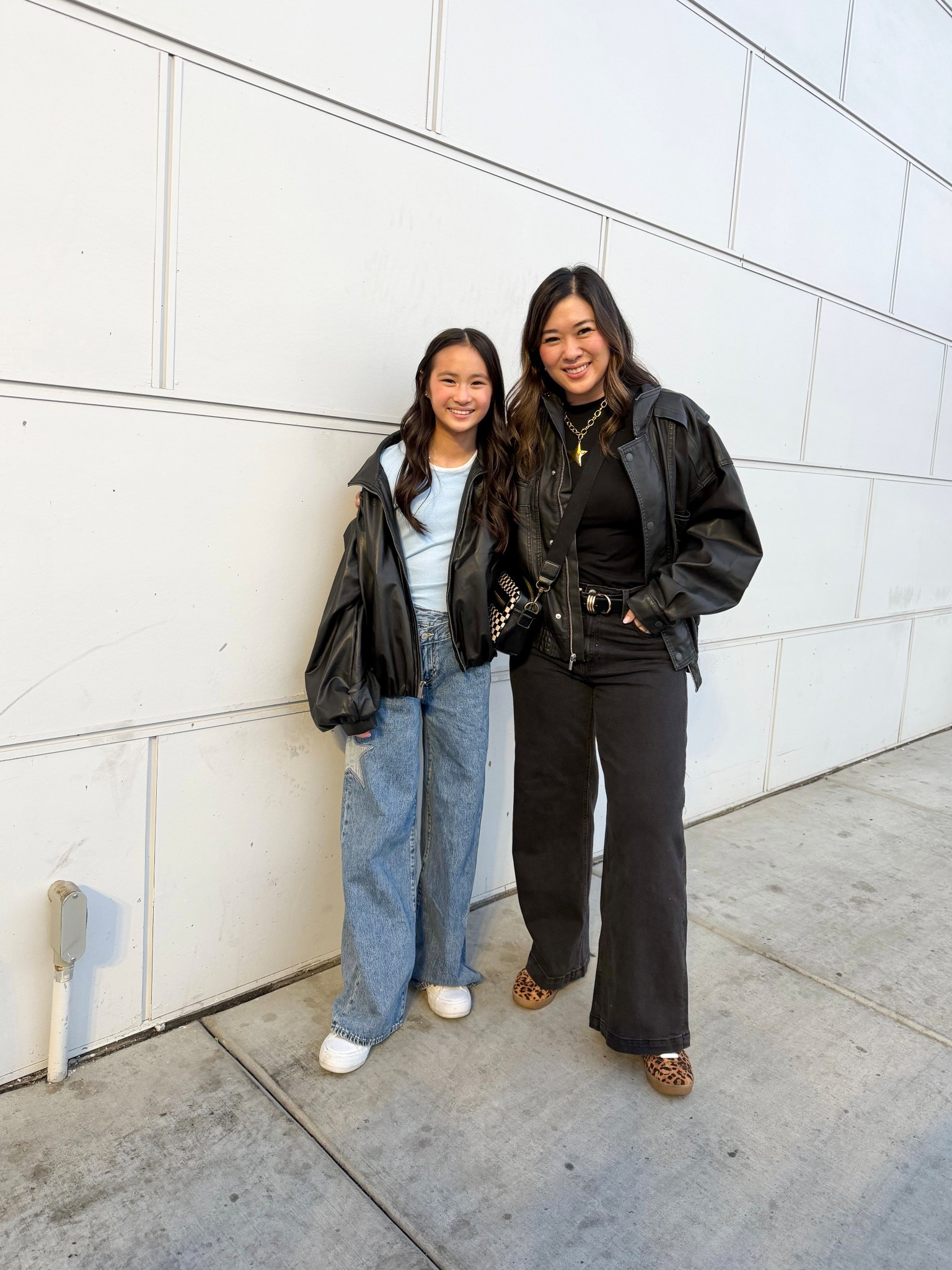 Mom and tween daughter 
Freya Skye Stars Align concert outfit
My tee: Medium
Faux Leather Jacket: Medium
Jeans: 8S

Vivian’s Tween outfit
Tee: XL
Star Wide Leg Jeans: 14 
My jacket: Medium 