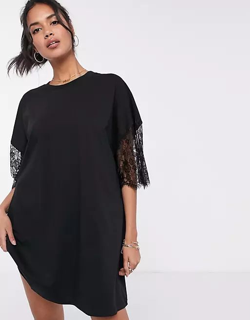 ASOS DESIGN oversized lace sleeve t-shirt dress in black | ASOS | ASOS (Global)