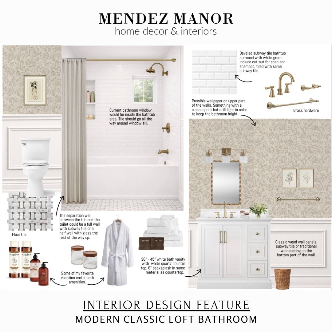 Modern classic bathroom design featuring white beveled subway tile, brass bathroom hardware, and a timeless white bath vanity with quartz countertop. 

This look blends traditional bathroom details with clean, modern finishes for a bright and elegant space that won’t feel dated.

Shop this bathroom design for classic tile ideas, brass fixtures, vanity lighting, wallpaper accents, and elevated bathroom decor inspired by boutique hotel and vacation rental bathrooms.

Perfect for anyone searching for: modern classic bathroom, timeless bathroom design, brass bathroom fixtures, white bathroom ideas, traditional bathroom with modern touches, and luxury bathroom on a budget.

#LTKHome #LTKselfcare