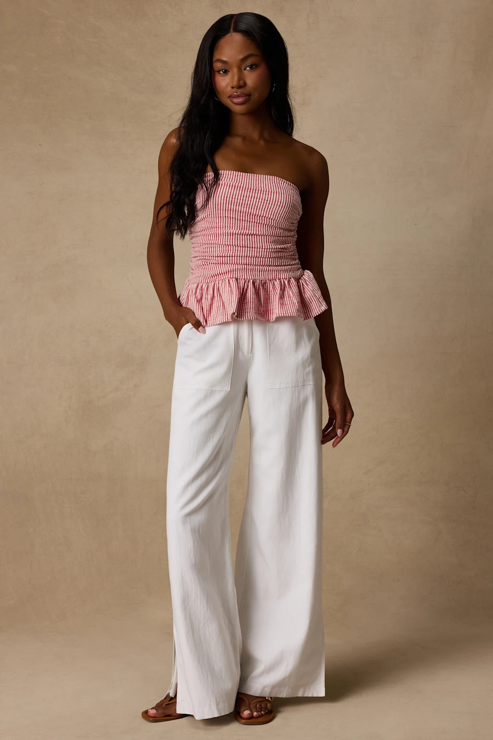 Philomena Red Striped Strapless Peplum Top | Lulus