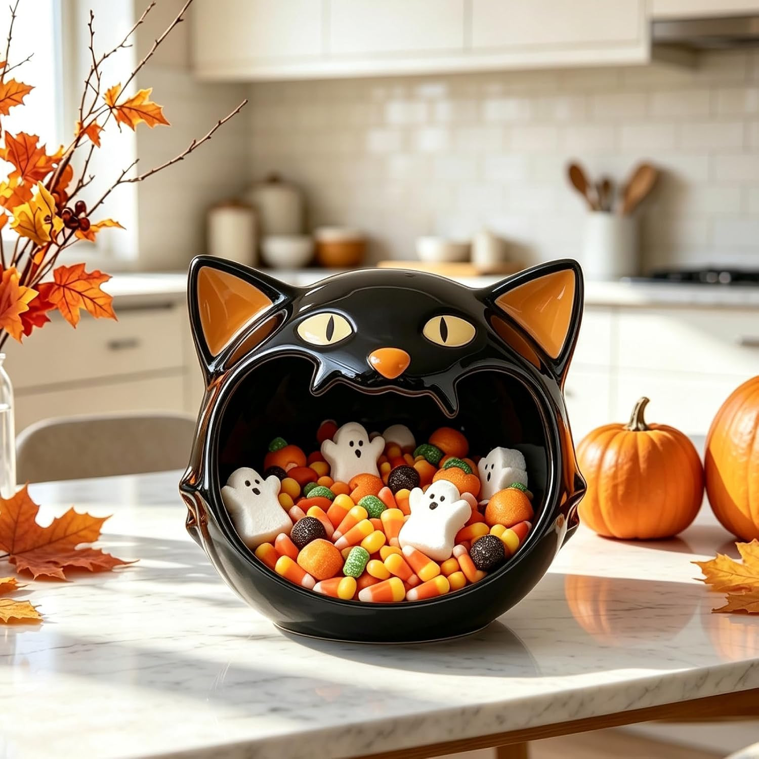 Halloween Candy Bowl - Ceramic Cat Candy Dish Candle Holder with Big Mouth | Amazon (US)