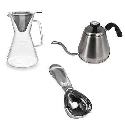 The London Sip pour over coffee set with carafe, kettle, and spoon