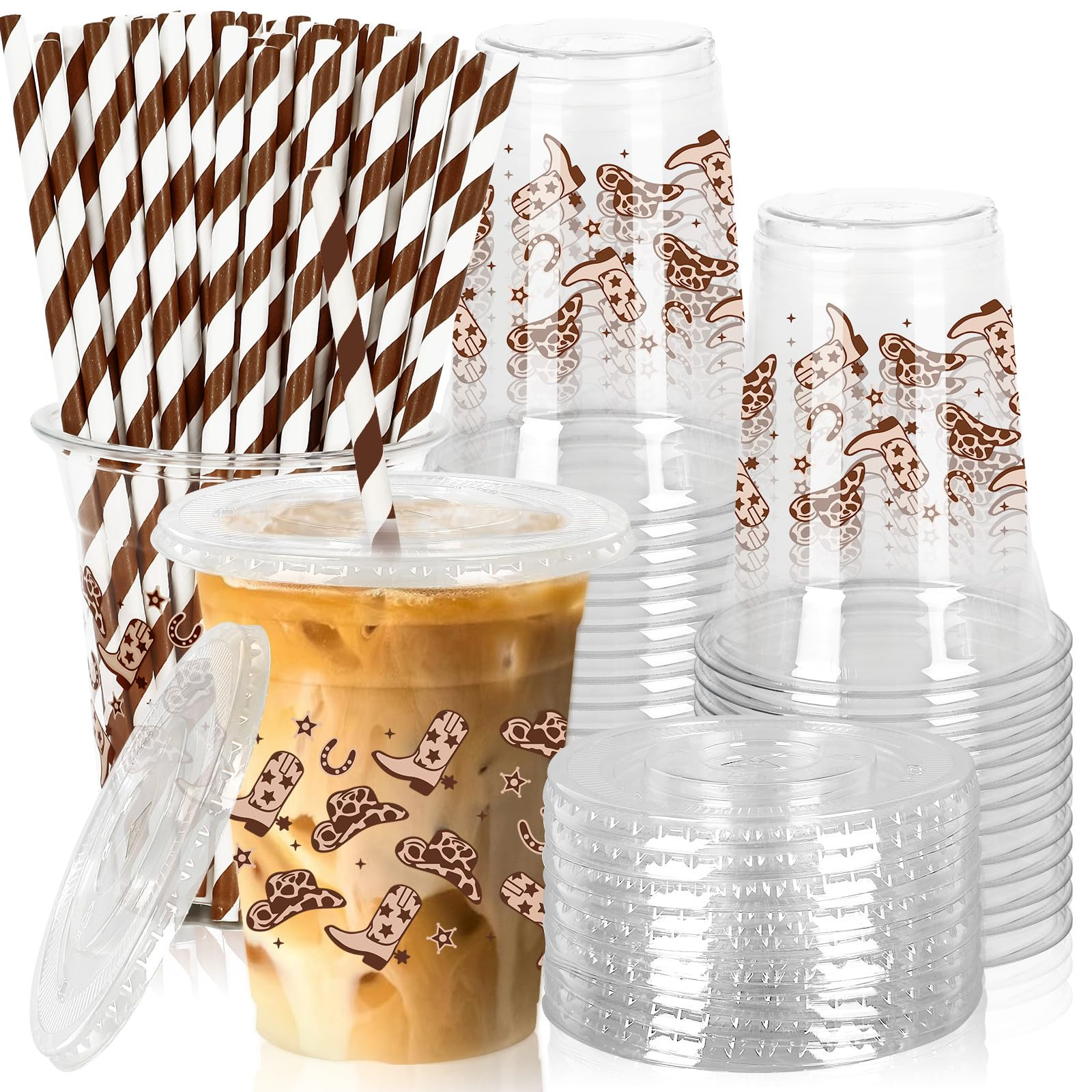 50Pcs Cowboy Plastic Cups with Lids and Straws Brown Western Cowboy Clear Plastic Cup 12oz Dispos... | Amazon (US)