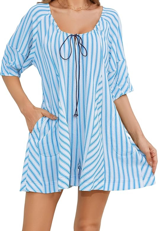 Womens Summer Striped Romper Casual Oversized Puff Sleeve Short Jumpsuits Overalls Beach Vacation... | Amazon (US)