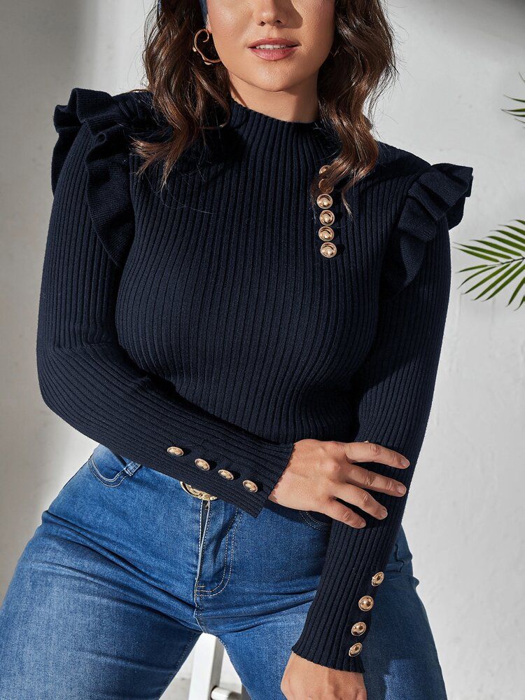 Plus Mock Neck Button Ruffle Sweater | SHEIN