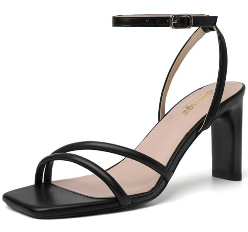 RIBONGZ Womens Black Strappy Heels Square Open Toe High Heels for Women Ankle Strap Chunky Heeled Sandals Wedding Bridal Shoes Comfort Block High Heels Dress Party Shoes 7.5 | Amazon (US)