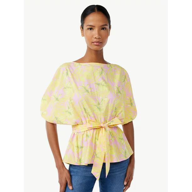 Scoop Women's Peplum Top with Ruched Sleeves | Walmart (US)