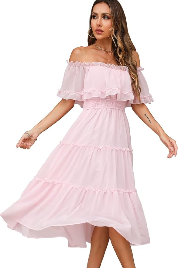 MAXVIGOR Womens Off Shoulder Chiffon Dress Bridal Shower Wedding Guest Bridesmaids Dress Semi-For... | Amazon (US)