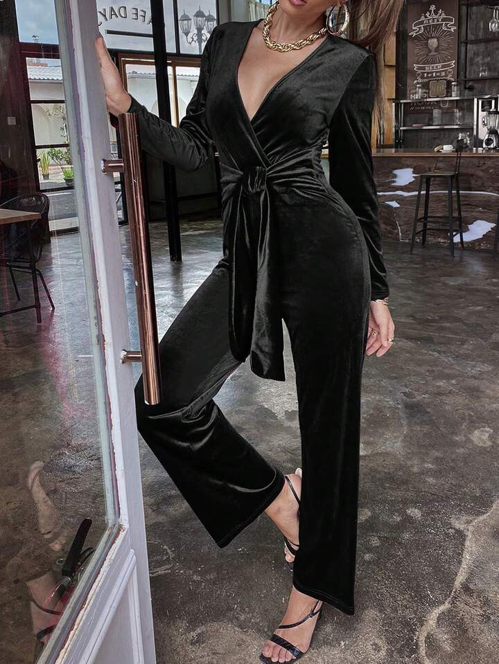 Plunging Neck Knot Front Velvet Jumpsuit | SHEIN